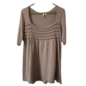 Frenchi New Women's M Y2K Babydoll Square Neck Cotton Knit Neutral Tan Tunic